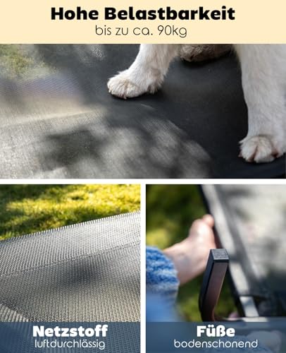 lionto Outdoor Hundeliege erhöht, stabile Haustierliege mit guter Luftzirkulation schützt vor Bodenkälte, 117x85 cm, Abnehmbarer Bezug aus atmungsaktivem Netzgewebe, robuster Metallrahmen, schwarz