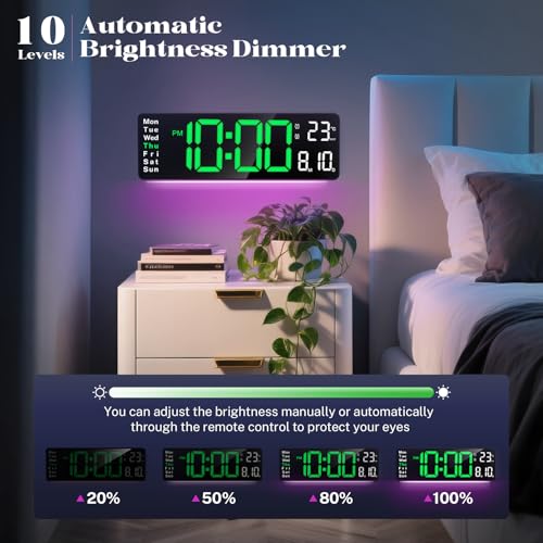 Image of Digital Wall Clocks,16 inch Large Display LED Digital Clock with Remote Control,LED Wall Clock with 8 RGB Color Night Light,Alarm,Date,Week,Temp,DST for Living Room & Office