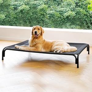 Elevated Dog Bed Raised Outdoor Dog Cot for Large Dogs, Installation Requires No Tools, Frame with Washable Cooling Breathable Mesh Anti-Slip Feet, Indoor Pet Bed, Black, 43.3 Inches