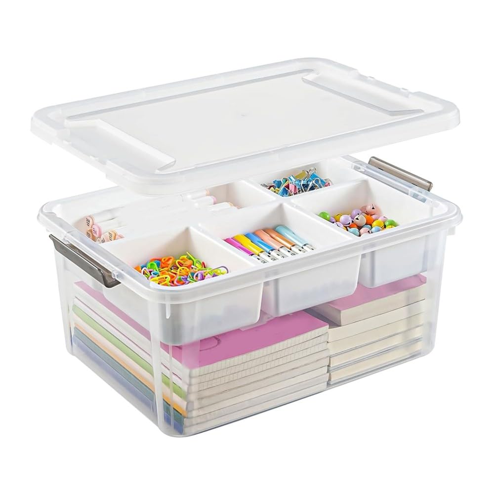 Oewwthy White & Transparent Stackable 17 Qt Plastic Storage Box With Removable Tray Craft Organizer And Storage Container
