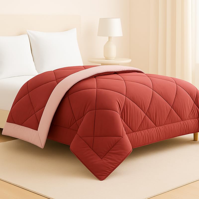 BSB HOME Luxury Reversible Comforter Single Size | Dual Color Soft Quilt for AC Room | Winter & Summer | Rainy Season Plush Microfiber | Solid Color Comforter – 60x90 Inches, Rust & Pink