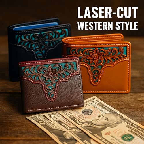 Men’s Western Leather Wallet – Laser Cut Floral Design with Teal Accent, Bi-Fold Cowboy Rodeo Style (Coffee)4
