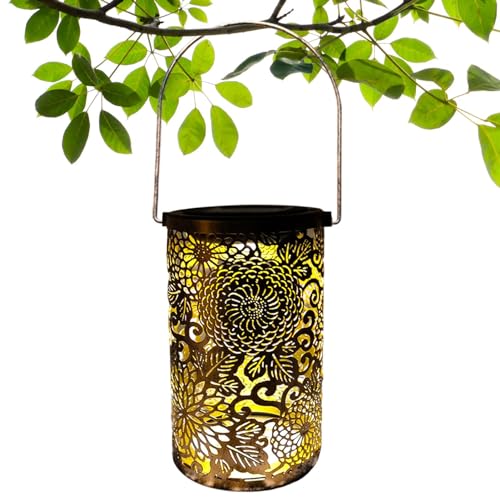 Sillas Lámparas solares colgantes al aire libre,linterna solar colgante, Lámpara de patio solar decorativa cilíndrica con patrón de mariposa, Luz exterior retro de metal impermeable para el hogar