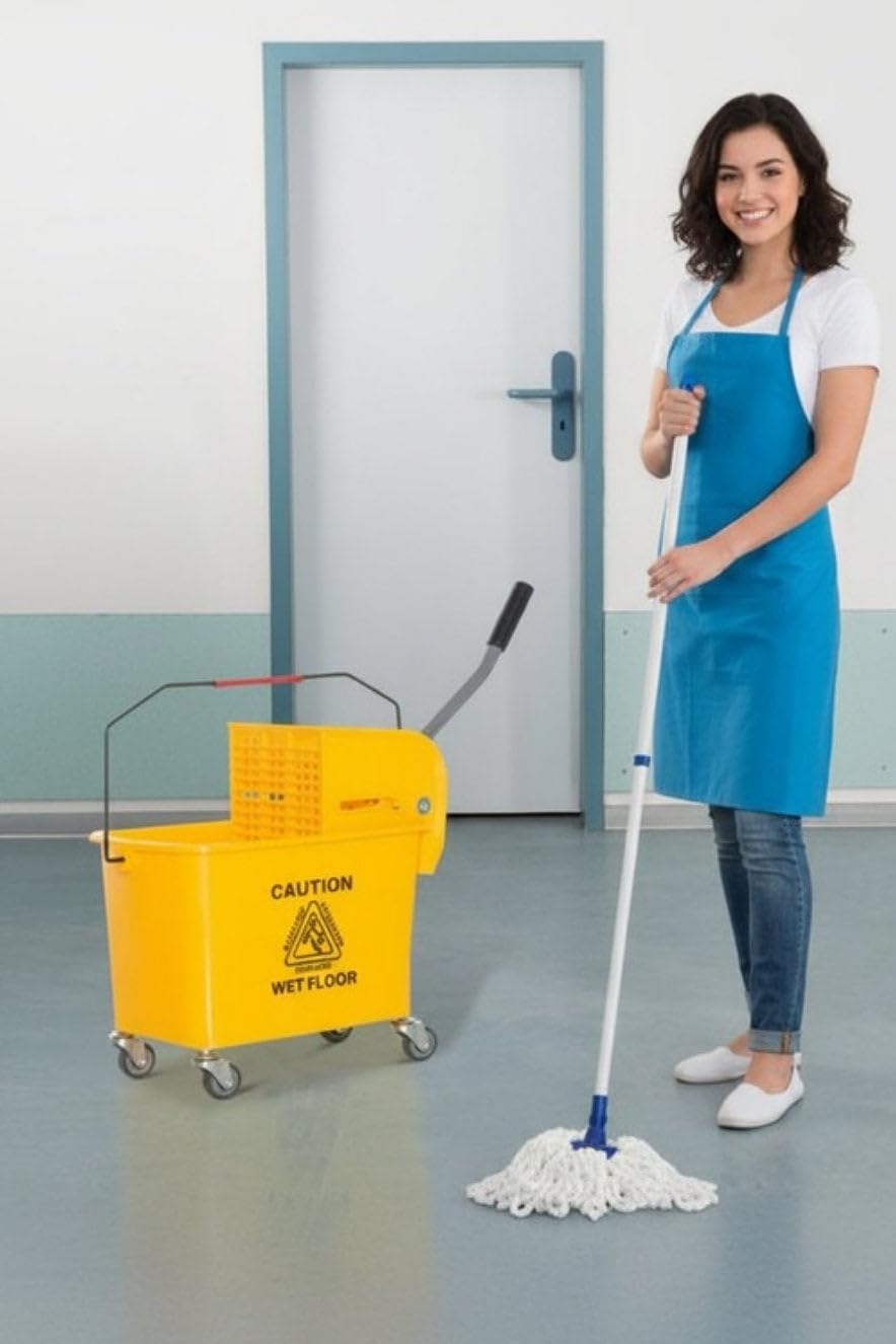 Carrello Mocio Professionale in Plastica, Giallo, 60x70,5 cm, con Strizzatore Integrato e Pannello Divisorio, 20L