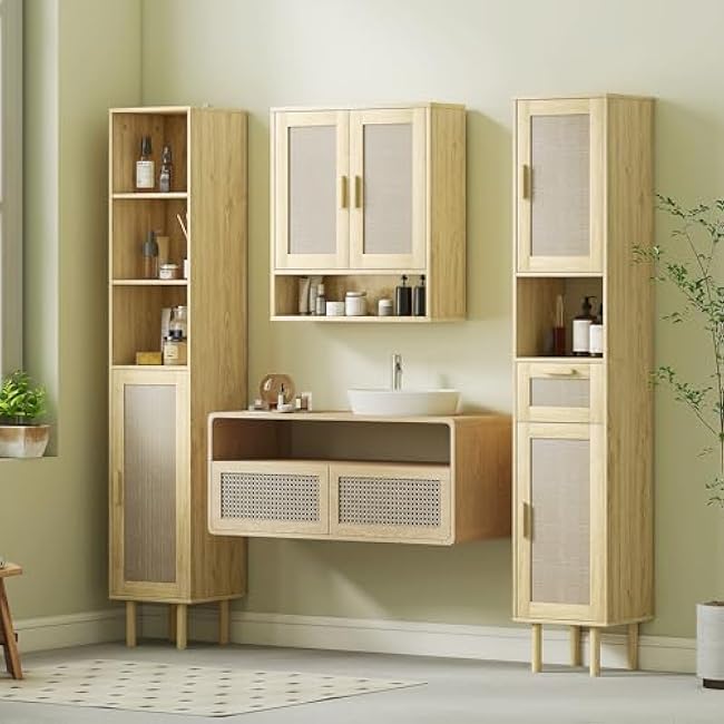 HOMCOM 3-Piece Bathroom Storage Cabinet Set, Boho Bathroom Cabinets with Rattan Doors, Adjustable Shelves, Open Shelves and Drawer for Small Space, Distressed Oak