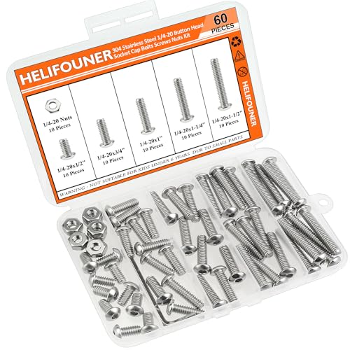 Image of HELIFOUNER 60 Pieces 1 /4-20 x 1 /2 inch 3 /4 inch 1 inch 1-1 /4 inch 1-1 /2 inch, Button Head Socket Cap Screws Bolts Nuts Kit, Coarse Thread, Fully Machine Threaded, 304 Stainless Steel