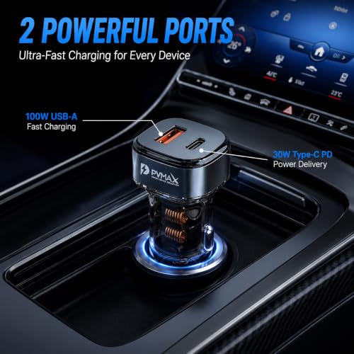Image of PVMAX 130W Car Charger, Type-C PD 30W & USB 100W Dual Port Fast Charging, QC Certified, Car Mobile Charger Adapter for All iPhone, Android Smartphones & Laptop, 1 Year Warranty (Transparent)