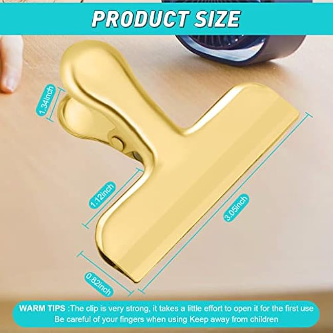 Funfery 3 Inch Stainless Steel Gold Chip Clips Bag Clips Large Clips for Food Packages,Food Clip Kitchen Clips for Snack,Home&Office Clips for Paper,Strong Metal Chip Snack Clips Heavy Duty-8 Pack