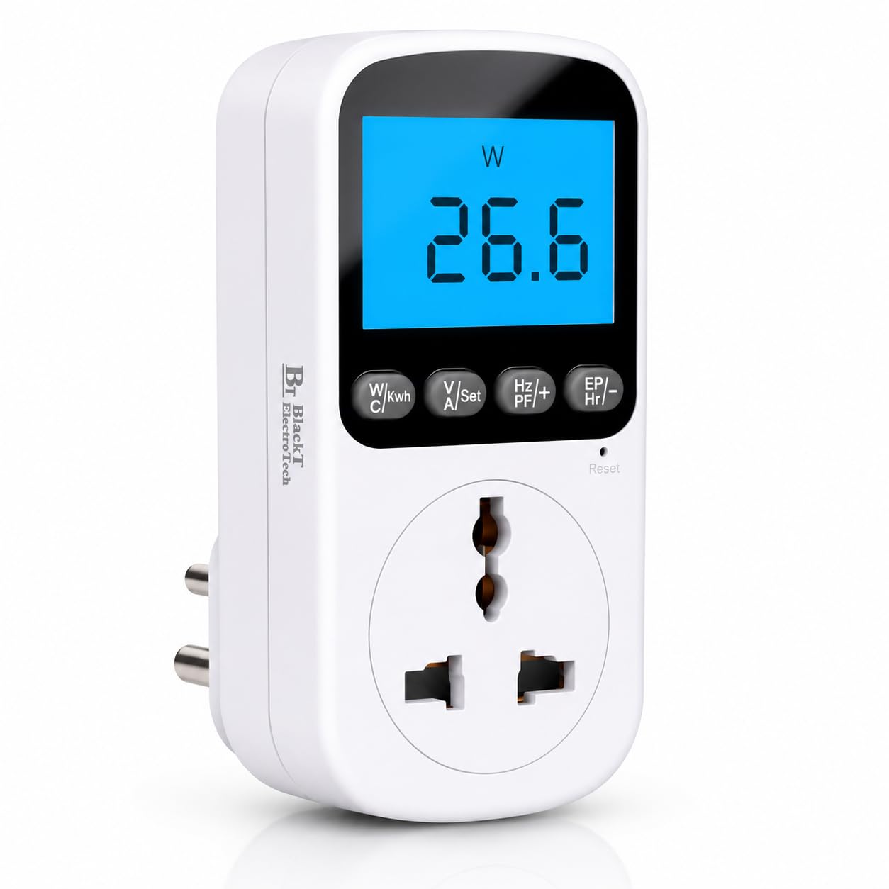 blackt electrotech bt72pm3 digital energy meter plug – (3-pin) 230v electricity usage monitor with lcd display – real-time watts, volts, amps, kwh & cost tracking – home & office power analyzer