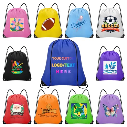 100 Pcs Custom Drawstring Backpacks, Bulk Personalized Bags Promotional Item with Your Logo for Gym, Team Activities (Blue)
