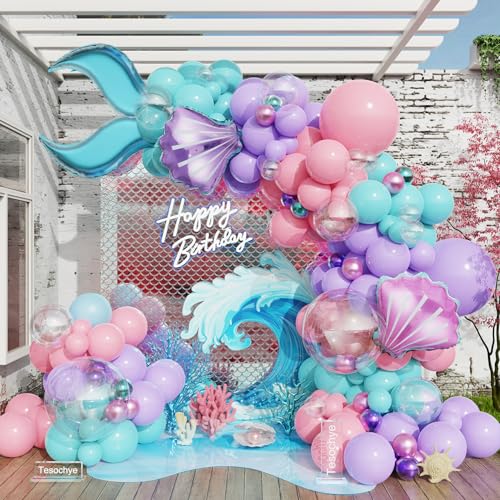 Image of Mermaid Balloon Garland Arch Kit,Under The Sea Ocean Party Decorations | Pastel Pink Purple Teal Blue Clear Balloons with Tail Seashell Foil Balloons for Summer Little Mermaid Birthday Party Decor