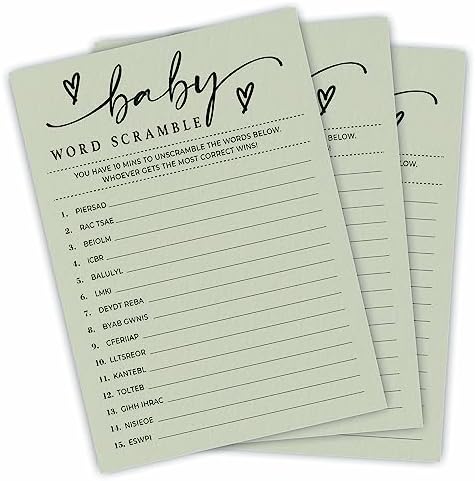 Baby Shower Word Scramble Game Cards – Minimalism Moss Green Party Game & Activity – 5″X7″ Game Cards, Gender Reveal Game – Baby Shower Party Favors & Decorations (Pack Of 30 & 1 Answer Cards)-B08 Baby Shower Word Scramble Game Cards – Minimalism Moss Green Party Game & Activity – 5″X7″ Game Cards, Gender Reveal Game – Baby Shower Party Favors & Decorations (Pack Of 30 & 1 Answer Cards)-B08