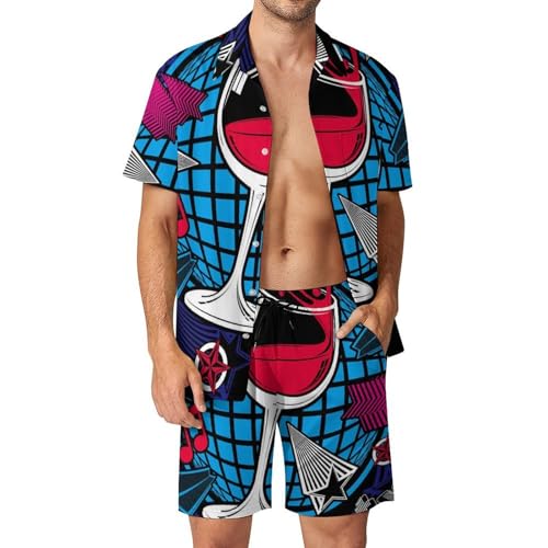 Chemise Hawaïenne Homme Verre De Vin Rouge avec Short et Pantalon de Plage Ensemble Été 2 Pièces