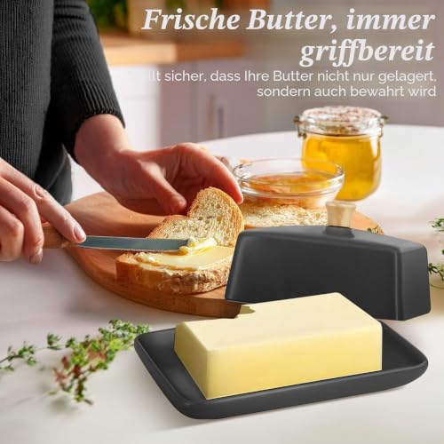 Flexzion Keramische Grau europäische Butterdose mit Deckel für die Arbeitsplatte (20,3 cm) – breite Doppel-Butterdose für 2 Stangen… – Ansicht 2
