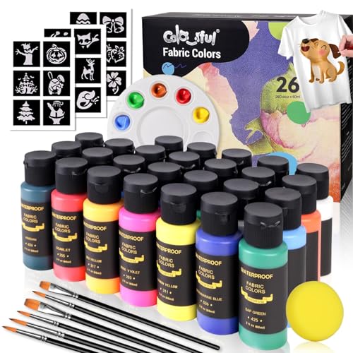 Colorful Fabric Paint Set for Clothes, with 6 Brushes,1 Palette, 26 Colors Permanent Child Safe & Non- Toxic Fabric Paint Kit for T-Shirt, Bags and Cloth Shoes 2 Fl Oz (Pack of 26)