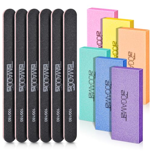 TsMADDTs Juego de limas y pulidores de uñas con 6 pulidores rectangulares y 6 limas negras de grano 100/180, kit de herramientas profesionales para el cuidado de las uñas para mujeres y niñas
