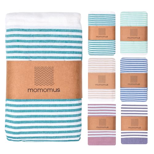 MOMOMUS Fouta XXL, Stuoia da Spiaggia e Coperta da Picnic Antisabbia – Leggera, Pieghevole e con Stile Boho – Telo da Mare Antisabbia Grande e Stuoia da Campeggio – Verde Mare, 210 x 240 cm