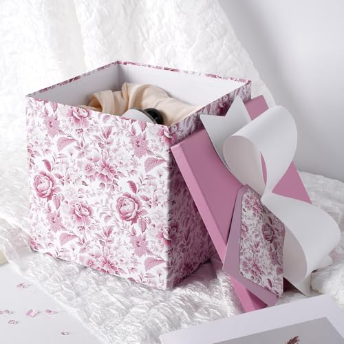 BIOBROWN Medium Gift Boxes with Lids for Presents, 9x9x9 Inches Chinoiserie Pink White Peony Floral Design Collapsible Gift Box for Bridal Shower, Wedding, Mother's Day, Birthday - Image 5