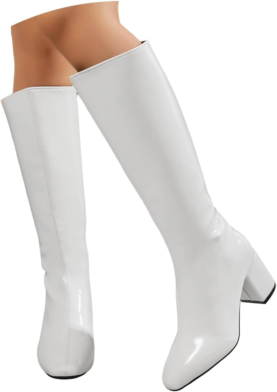Women Round Toe Knee High Boots Chunky Block Heel Side Zip Mid Calf Booties