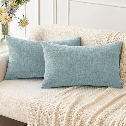 Image of MIULEE Pack of 2 Light Blue Throw Pillow Covers 12x20 Inch Soft Chenille Lumbar Pillow Covers for Sofa Living Room Spring Home Decor Couch Solid Dyed Cases