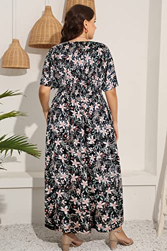 Image of OSTOO Women's Plus Size Hawaii Empire Waist Bat Short Sleeve Casual Floral Print Boho Maxi Dress