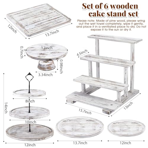 Roowest Wood Cake Stands Set of 6 Wood Dessert Tower Trays Stand Cupcake Stand Rustic 3 Tier Farmhouse Cupcake Serving Stands with Dessert Trays for Tea Party(Vintage White)
