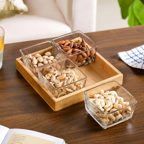 Image of Nestasia Set of 4 Square Glass Bowls (250 ml Each) with Wooden Tray | Transparent Katori for Ice Cream & Dessert, Snacks & Dry Fruits Serving Set for Dining Table, Home & Kitchen - Perfect for Gifting