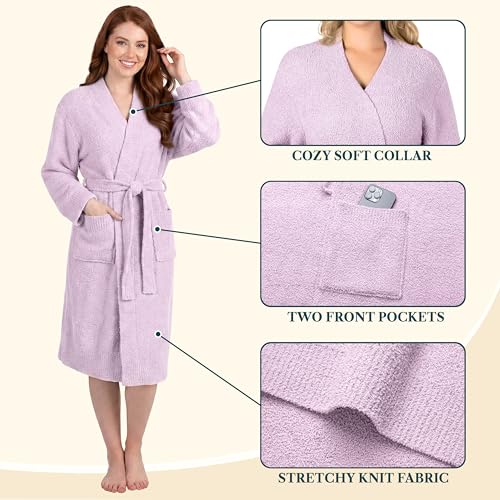 Image of PAVILIA Premium Plush Robe for Women, Soft Cozy Fuzzy Bathrobe with Pockets, Warm Mid-Length Lounge Robe with Tie Belt