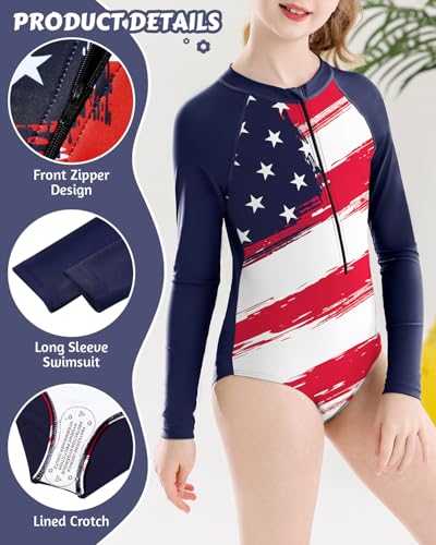 Image of Century Star UPF 50+ Girls Long Sleeve Swimsuit - Rash Guard Swimsuit Toddler Kids Teen One Piece Bathing Suit Zip 2-15Y