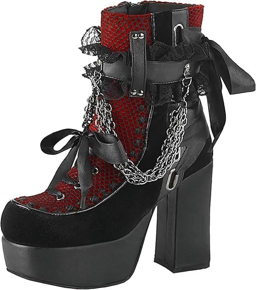 Womens Lace Platform Boots Goth Chunky High Heels Ankle Combat Zipper Ankle Platform Boots for Women Goth