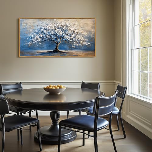 SERIMINO Tree of Life Wall Art, Large Framed Wall Art, Blue Tree Abstract Painting Art Prints, Nature Plant Canvas Art Wall Decor, Modern Neutral Pictures for Living Room Bedroom Office Hotel 24"X48"