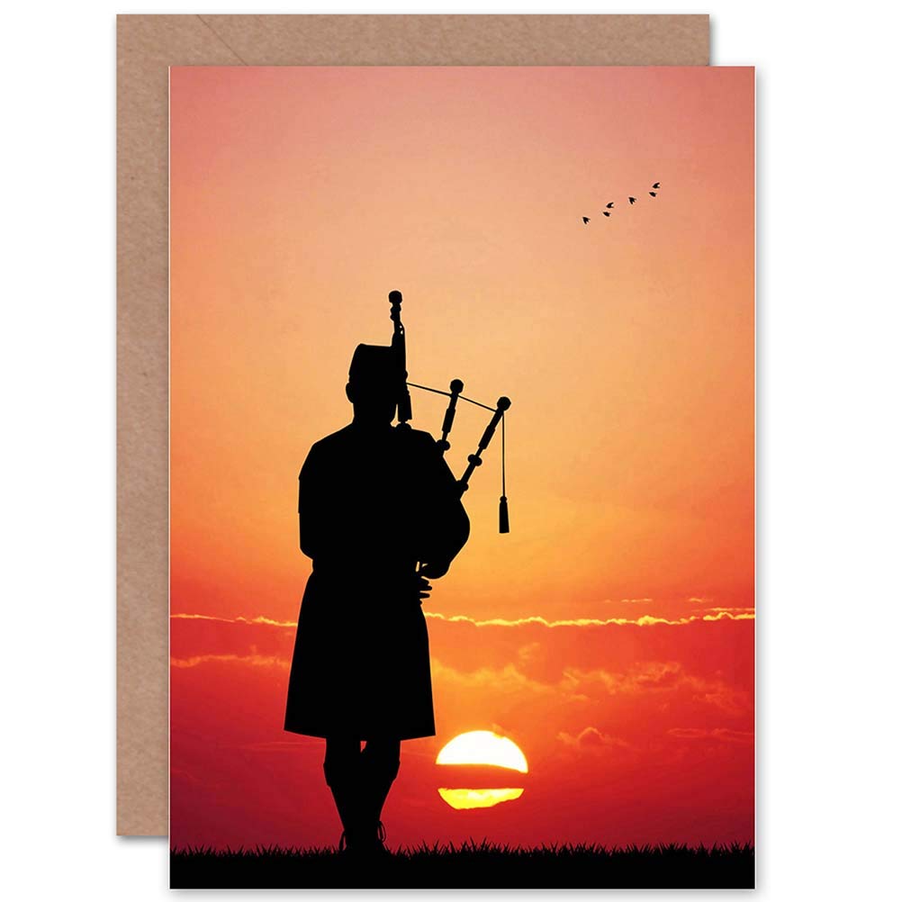 Wee Blue Coo SUNSET SOLITARY SCOTS PIPER SILHOUETTE BLANK GREETINGS BIRTHDAY CARD