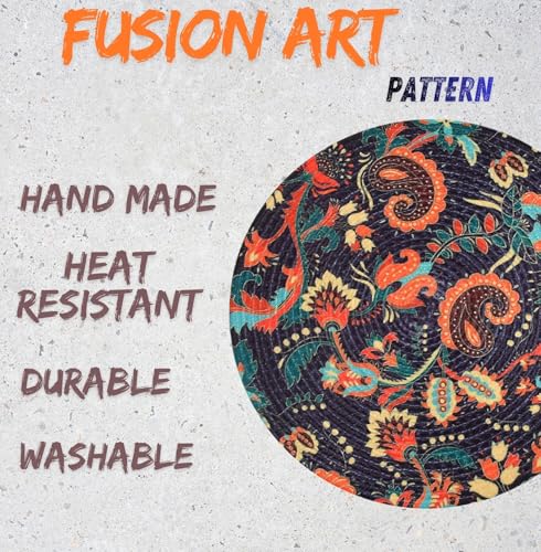 Image of LaVichitra Cotton Table Placemat | Dining Table Mat | Bed Side Table Mat | Cotton Round Shape Placemats | Washable PlaceMat for Shelves & Plant Pots - Pack of 4, Fusion Art