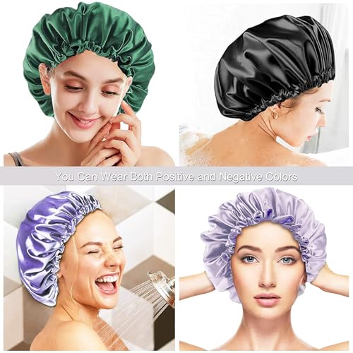 Image of Shower Caps With Exfoliating Bath Glove 1 Pair, Fully Reversible Luxurious Pure Satin Hair Bonnet, Reusable Cap for Women With Long Thick Hair, Satin Wrap for Girls