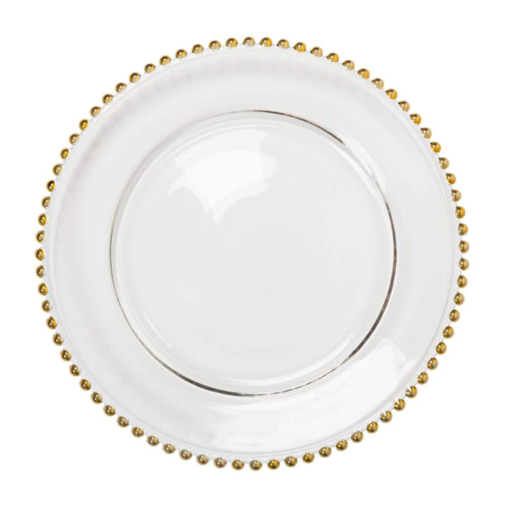 EME Pack Bajoplatos Presentación Perlas Oro Dorado en Vidrio Transparente con un Bonito Detalle de Perlas en Oro Dorado por todo el borde. 33 cm diámetro. Incluye 6 Unidades.