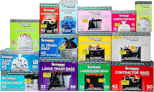 Image of Ultrasac Heavy Duty 45 Gallon Trash Bags Huge 50 Count /w Ties) - 1.8 MIL - 38 inch x 45 inch - Large Black Plastic Garbage Bags for Contractor, Industrial, Home, Kitchen, Commercial, Yard, Lawn, Leaf