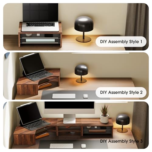 Image of Fenge 42.5Inch Corner Monitor Stand with Drawer, 3-Tier Monitor Riser with Slide-Out Tray