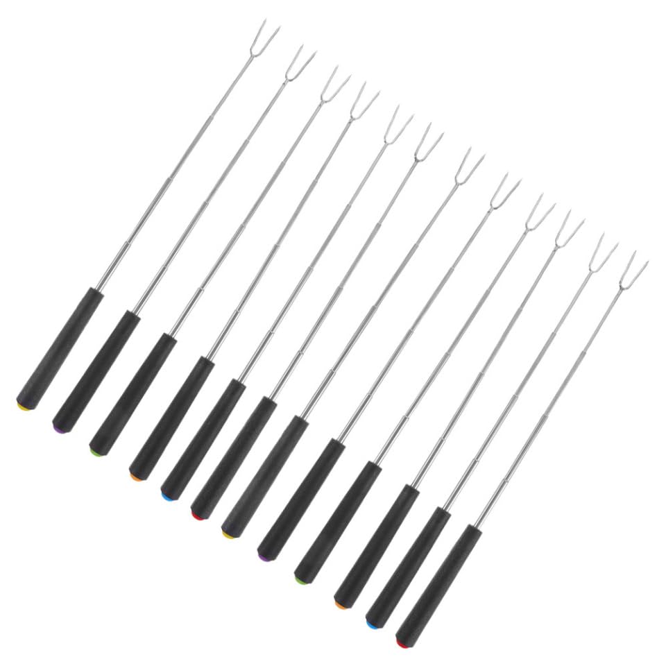 BESTOYARD 12pezzi Bastoncino Telescopico per Braciere Forchetta da Campeggio Estensibile per Arrostire Barbecue Falò Hot Dog Acciaio Inox Manico Ergonomico
