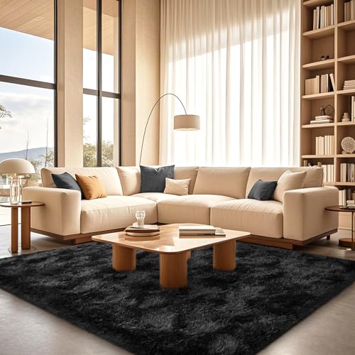 Black Rugs for Bedroom 4x5.9 ft - Ultra Soft Faux Fur Area Rug - Plush Non-Slip Shaggy Carpet for Living Room, Cozy Fluffy Rug for Kids Boys Girls Dorm Nursery Room, High Pile Floor Carpet