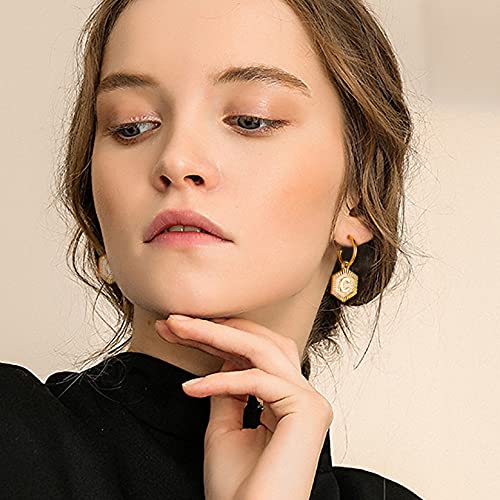 U7 Women Girls Initial Earrings Sterling Silver Post 18K Gold Plated Open Cuffs Hoop With 26 A-Z Hexagon Letter Drop Earrings, Custom Text Back Side #TOP7