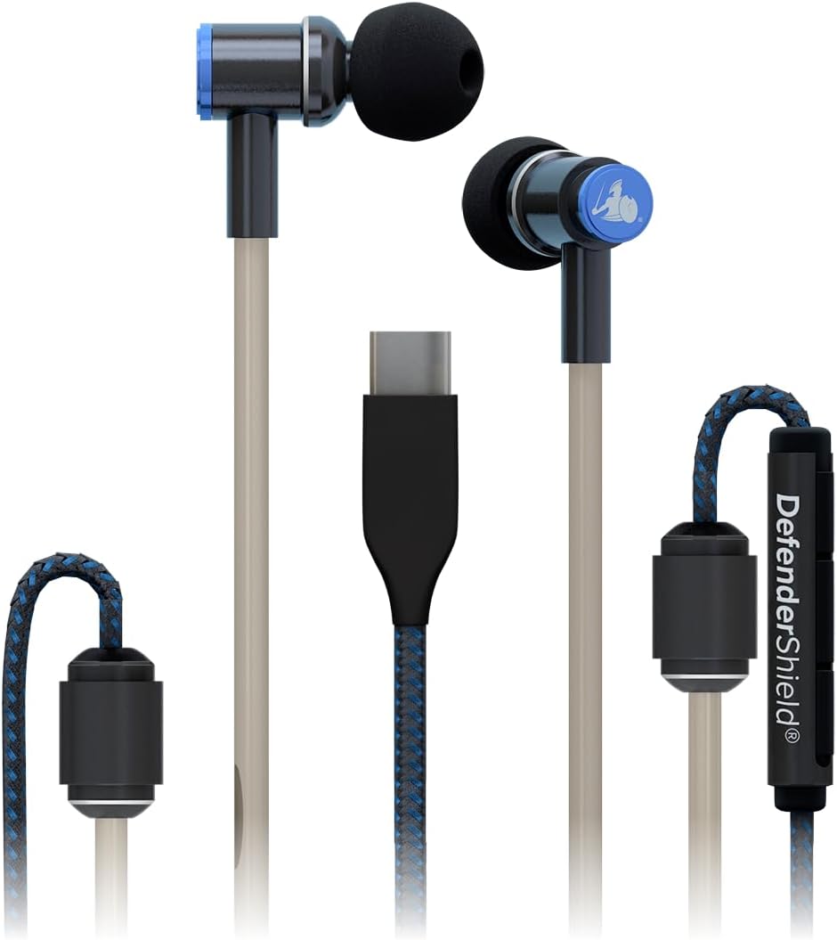 DefenderShield Air Tube Stereo Earbuds USB-C - Universal Acoustic Wired Headphones with Mic & Volume Control