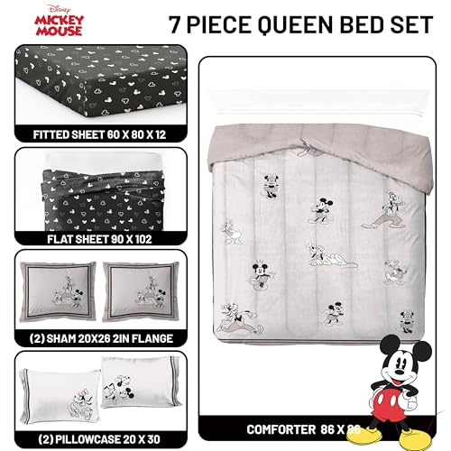 Image of Disney Mickey Mouse and Friends Queen Comforter Set 7 Piece Bedding, Beige | Minnie Donald Goofy, Bed in a Bag, Comforter Sheets Shams Pillowcases, Official Product, Soft Microfiber, Machine Washable