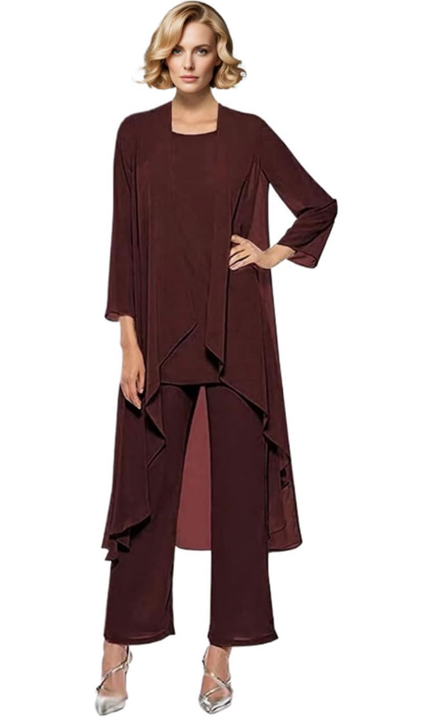 Madre della Sposa Pantaloni Completi 3 Pezzi Chiffon Lungo Outfit Set per Matrimonio Madre Pantaloni Suit con Gilet