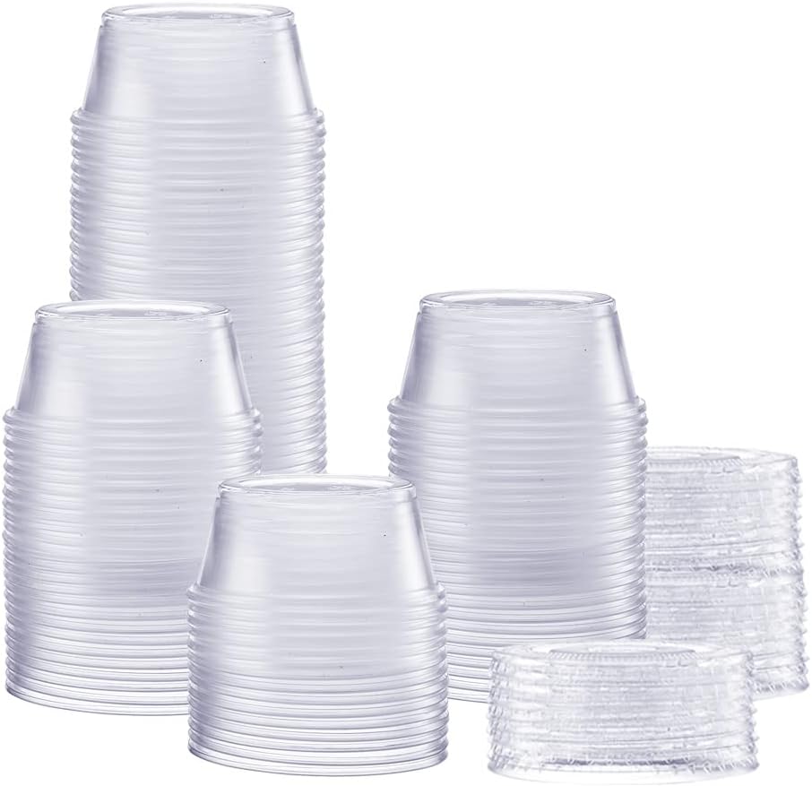GUSTO 3.25 oz Jello Shot Cups with Lids [100 Count] Clear Plastic Portion Containers, Condiment Cups for Sauces, Dressings & Samples – Durable, Stackable, Leak-Resistant (Formerly Comfy Package)