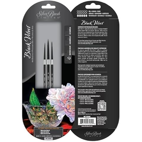 Silver Brush Limited WC-3204s Black Velvet Watercolor Round Set, Set of 3, Sizes 0, 2, and 4 Round Paintbrushes, Short Handle Cover