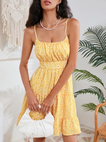 Image of Floerns Women's Swiss Dots Sleeveless Ruched Bust Ruffle Hem Cami Short Dress