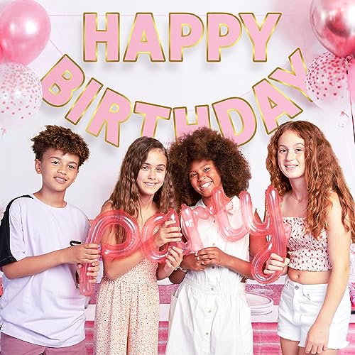 Image of Happy Birthday Banner - 9ft Pre-Strung Happy Birthday Sign for Women, Men, Girls, Boys - No DIY Birthday Decorations & Party Supplies(Pink Gold)