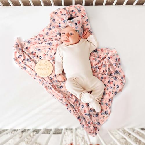 Image of DRESHOW BQUBO Baby Girl Newborn Receiving Blanket with Bow Hat Headband Wooden Birth Announcement Card Set Baby Floral Print Nursery Swaddle Wrap
