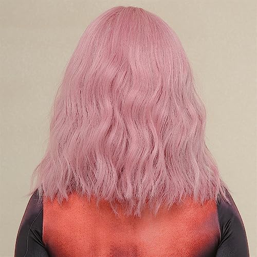Pelucas para mujeres de fibra sintética resistente al calor rosa bob ondulada 4