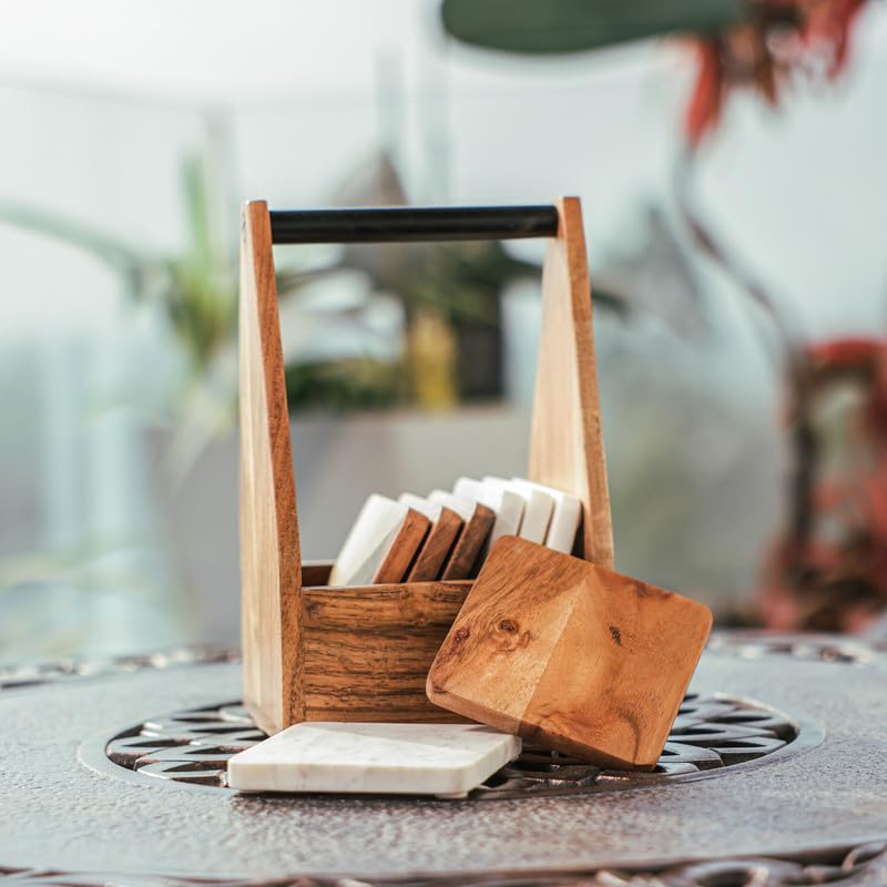 Image of Ireka Home CarryEase Coaster Set with Holder (Set of 8) - 4 Wooden & 4 White Marble Coasters for Tea, Coffee Mugs & Glasses - Home & Kitchen Decor